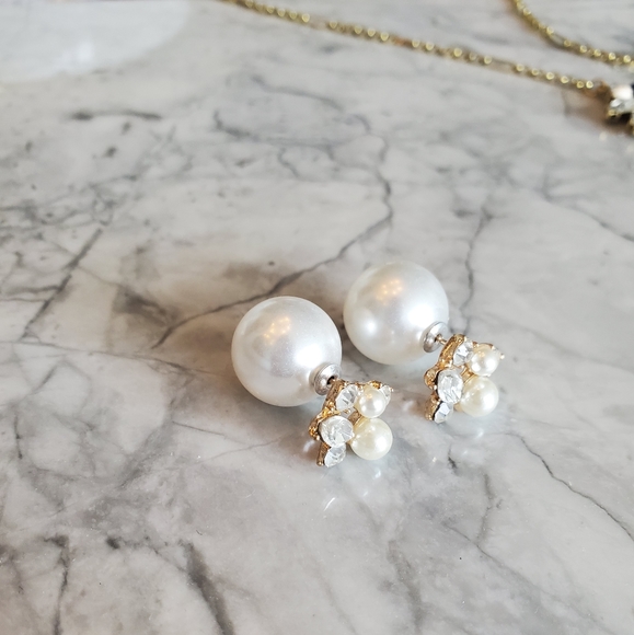 Pearl CZ ear jacket stud Earring statement costume - Picture 1 of 3